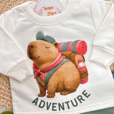 Conj. Casaco Capivara Adventure e Calça de Moletom - Off White e Verde